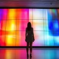 Woman standing in front of large interactive display with colorful abstact video at modern immersive exhibition. Education, digital art and entertainment concept --chaos 15 --ar 16:9 --style raw --stylize 250 --v 6.1 Job ID: 77f60dd5-ce15-4e5e-affe-ce393fbe8231